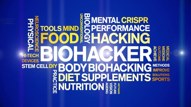Biohacker animated word cloud;text design animation tag kinetic typography seamless loop.