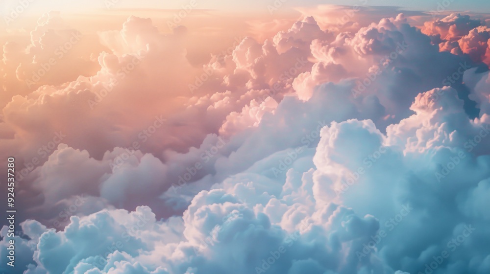 Poster view of clouds from airplane window with clear blue sky and white puffy clouds