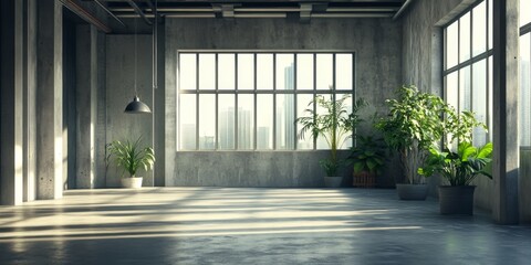 Obraz premium Expansive Industrial Interior with Large Windows, Exposed Concrete Walls, and Lush Greenery: A Fusion of Raw Aesthetic and Natural Elements.