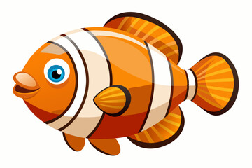 Cartoon illustration of an orange and white clownfish with a smiling expression