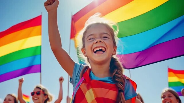 pictures of happy kids celebrating at a pride march while waving rainbow flags. 