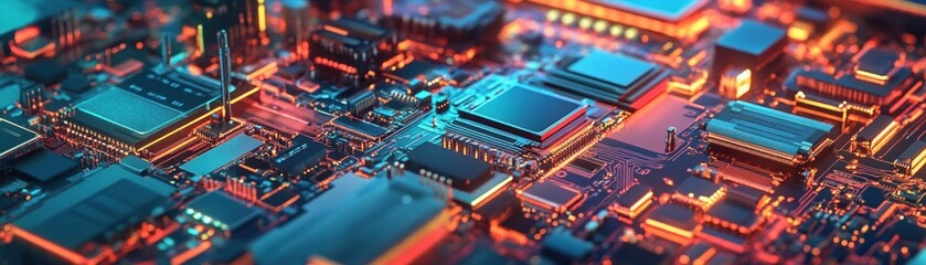 Close-up of a Circuit Board with Glowing Orange Lines