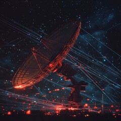 A large satellite dish with light beam emanating from it, connected to many glowing lines in the dark space background.