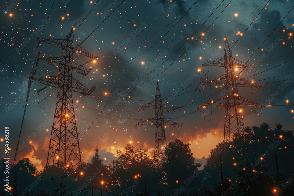 Poster Aerial view of power lines suspended high above the ground, potential for dramatic and atmospheric images