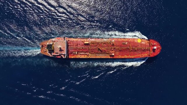 High aerial top tracking view of a crude oil tanker traveling with speed over the ocean with copy space