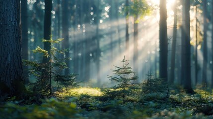 Fototapeta premium Serene forest with beams of laser light cutting through the mist, creating an ethereal and magical atmosphere.