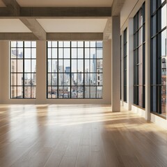 Obraz premium Ethereal Urban Retreat: Spacious Loft with Floor-to-Ceiling Windows and Wood Floors Overlooking the Cityscape