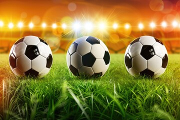 Three soccer balls placed on a grassy field, ready for play