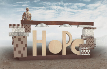 3D word HOPE made of patterned shapes with man sitting atop