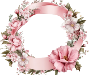 Pink Flower Wreath Illustration with Ribbon