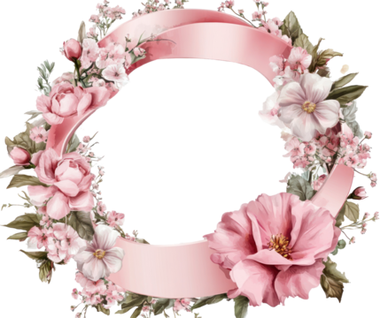 Pink Flower Wreath Illustration with Ribbon