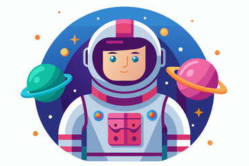 Astronaut in Space Suit Surrounded by Planets and Stars
