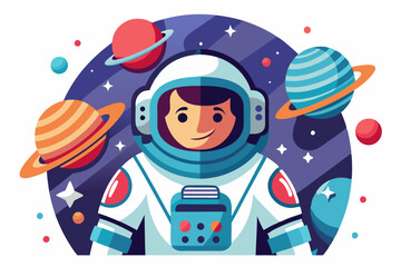 Fototapeta premium Smiling Astronaut in Space Suit with Planets and Stars