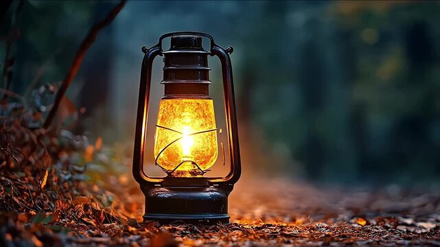 a lantern is lit in the middle of a dark forest with trees in the background and a glowing light shining on the lantern in the middle of the lantern, with a dark forest 
