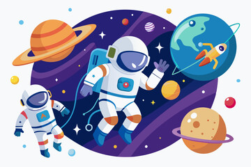 Naklejka premium Astronauts Exploring Space with Planets and Stars