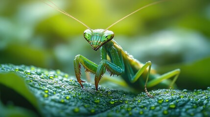 Green Praying Mantis on a Leaf