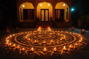 Traditional Diwali Rangoli with Diyas Outside Indian Home