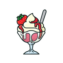 Delicious dessert in glass bowl isolated vector illustration for Strawberry Sundae Day on July 7. Summer refreshment symbol.
