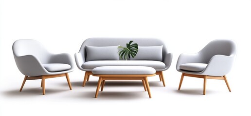 Sofa with two armchairs and an ottoman isolated on a white background