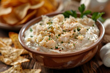 A creamy dip garnished with herbs, served with chips and crackers for snacking.