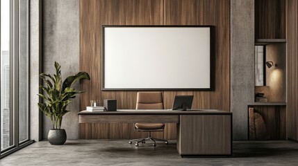 Modern Office Interior with Large Blank Canvas, Wooden Walls, and Desk