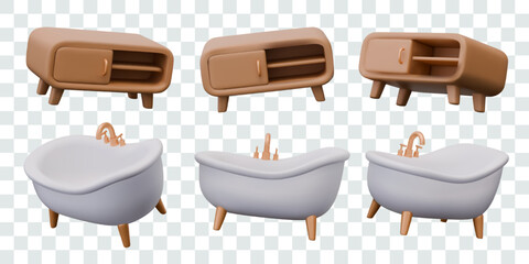 Luxury white bathtub with metal faucet, low cabinet with empty shelves