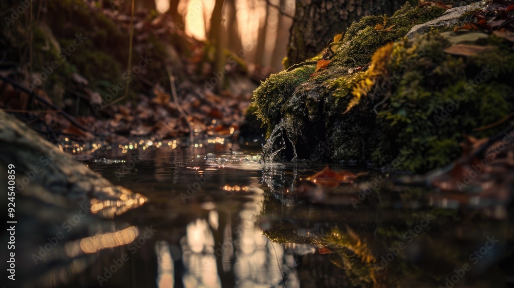 Poster A serene stream runs through the heart of a dense forest, creating a soothing atmosphere