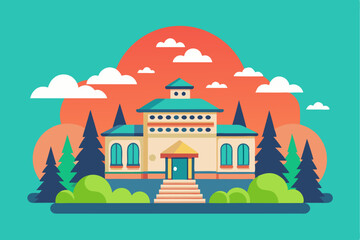 A Flat-Style Illustration of a House with a Green Roof and a Yellow Door, Surrounded by Trees and Clouds