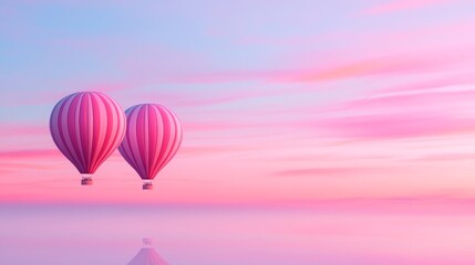 Fototapeta premium Pastel hot air balloons, gentle sky, serene landscape below, early light, whimsical journey, tranquil flight