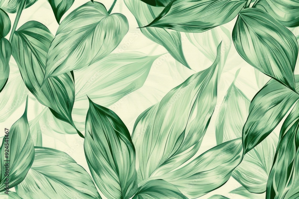 Poster A close-up view of a pattern made by overlapping green leaves on a white background, suitable for use in designs and illustrations