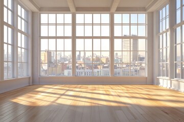 Fototapeta premium Ethereal Urban Retreat: Spacious Loft with Floor-to-Ceiling Windows and Wood Floors Overlooking the Cityscape