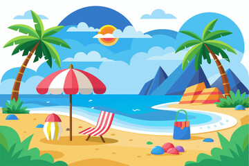 Obraz premium A Beach Scene with Palm Trees, an Umbrella, and a Chair