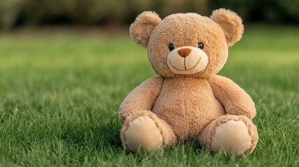 Teddy bear, cute and cuddly, detailed fur texture, sitting on a grassy field