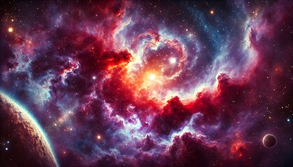 Obraz premium Purple Red Orange Nebula with Stars and Planets