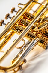 A detailed view of a trumpet on a white background