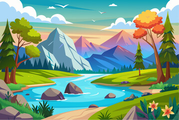 Mountain Landscape with River and Trees