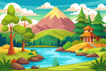 Mountainous Landscape with River, Forest, and Wooden House