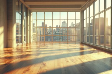 Fototapeta premium Ethereal Urban Retreat: Spacious Loft with Floor-to-Ceiling Windows and Wood Floors Overlooking the Cityscape