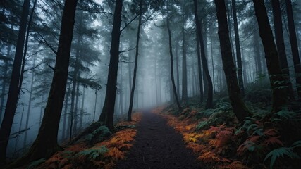 Obraz premium Beautiful mystical forest in blue fog in autumn