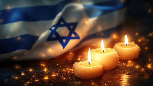 Israel Independence day. Flag of Israel and burning candles. Patriotic holiday. Memorial day - Yom Hazikaron. Yom Ha'atzmaut concept. Horizontal banner. Free space for text, copy space