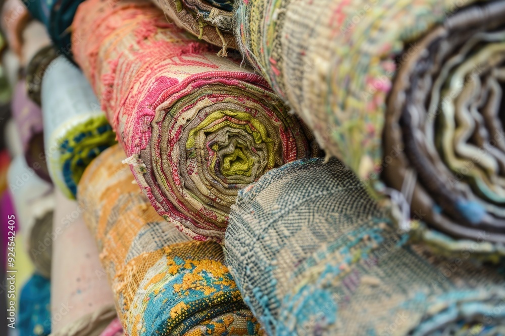 Poster A close-up shot of multiple fabric piles stacked on top of each other, great for textiles or craft projects