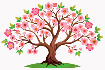 Obraz premium Pink-Flowered Tree with Green Leaves and Brown Branches