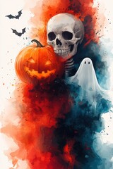Minimalist Halloween Background with Skeleton, Pumpkin, and Ghost Watercolor Design
