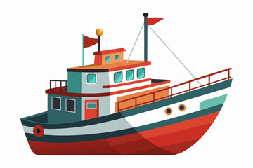 Cartoon Illustration of a Red and Blue Fishing Boat with a Yellow Light on Top