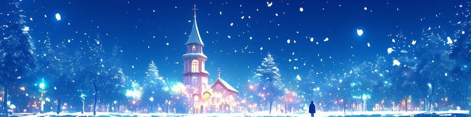Fototapeta premium Enchanting Winter Wonderland: Anime-Style Aerial View of Sacred Church in Snowy Landscape. Dreamy Cartoon Scene with Falling Snowflakes, Perfect for Creative Marketing, Book Covers, and Game Design. 2