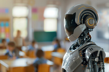 Fototapeta premium Robotic teacher in classroom, modern educational environment. Perfect for themes of futuristic education, technology integration in schools. Robot, cyborg educator.