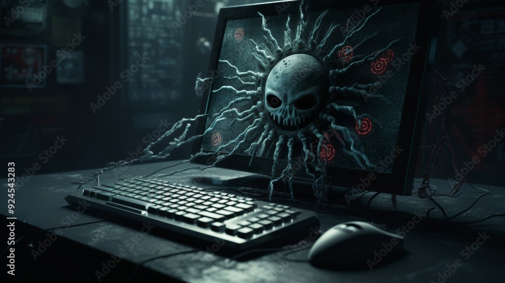 Poster a computer monitor with a skull on it