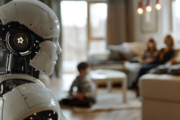 A modern robot designed as a family assistant stands in a living room, observing a child play while adults relax in the background, highlighting its integration into everyday life.