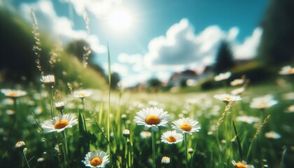 Close-up of blooming white daisies in a field of green grass under a blue sky with bright sunlight.