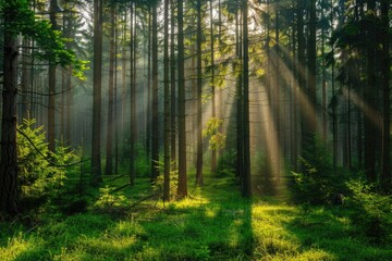 Naklejka premium A serene scene of sunlight peeking through the treetops, creating dappled patterns on the forest floor